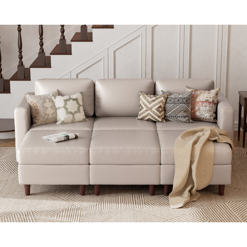 Caynemore 6-Piece 91.5'' Reversible Modern L-Shape Sectional Sofa With Storage Seat- Faux Leather Light Gray