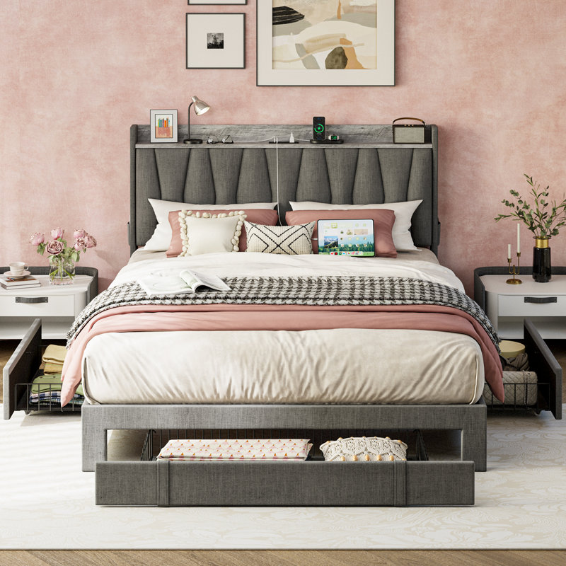 Gray Full Upholstered Linen Bed Frame with Storage Drawers