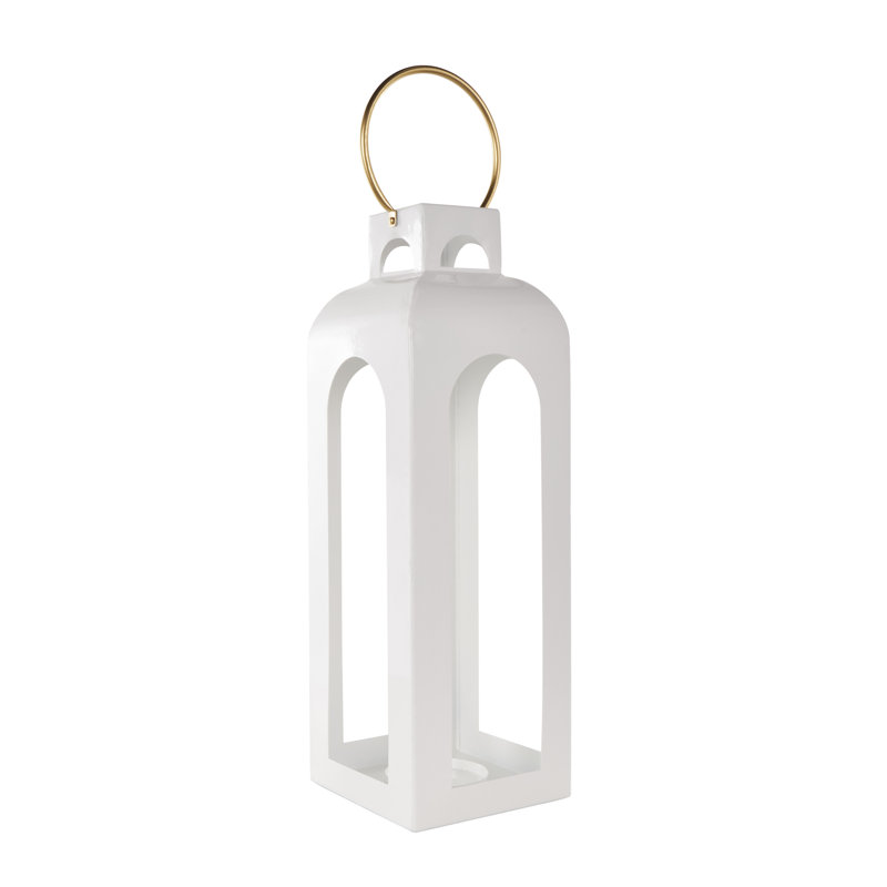 Metal Tall Arched Cutout Indoor Outdoor White Candle Lantern with Gold Handle, 27.4" H x 7.5" W x 7.35" D