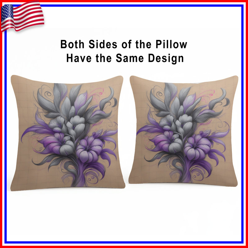 Coussins décoratifs à double face avec motif floral violet gris, 16 po x 16 po