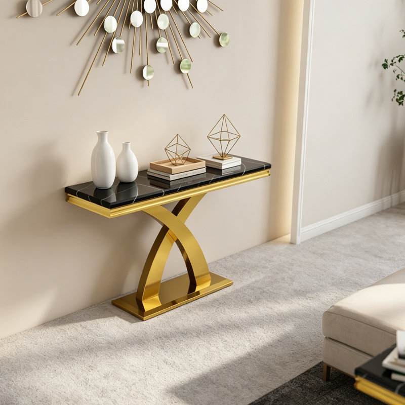 Console de luxe 50 po noire et dorée avec base en forme de X