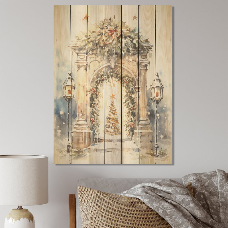 Porte de guirlande de Noël en hiver I - porte de ferme sur bois, H 20 po x l 10 po