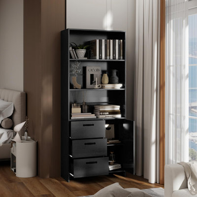 Grande bibliothèque moderne noire avec portes et 3 tiroirs - 3 tablettes ouvertes - Armoire de rangement en bois 70,87 po