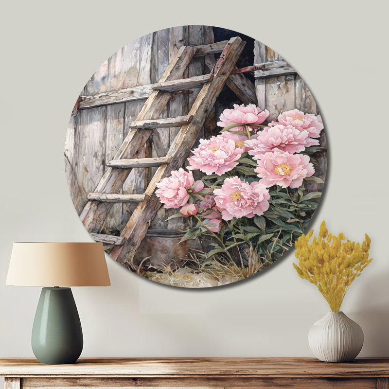Pivoines par l'échelle de grange II - pivoines rondes, impression murale, H 36 po x l 36 po