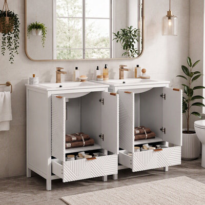 48" Bathroom Vanity Set, Modern Bathroom Vanity with Single Faucet Hole, Textured Door Panels and a Drawer, Pine Legs, Large Storage Space & Soft Close Hinges
