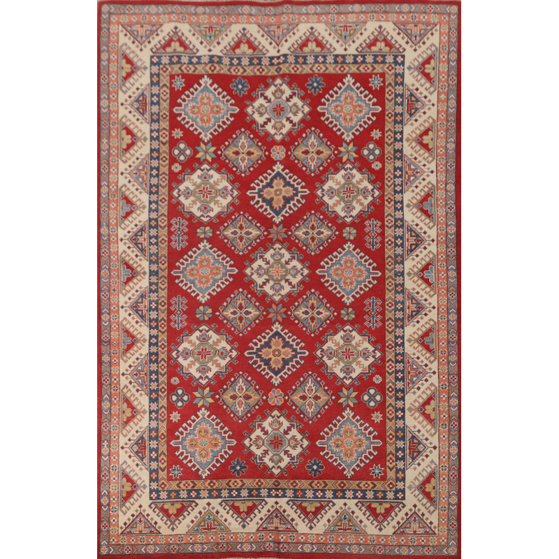 Red Geometric Kazak Oriental Area Rug 6x10