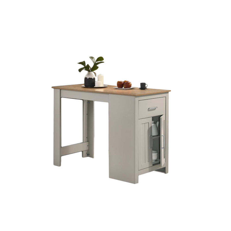 Table de salle à manger compacte à hauteur de comptoir avec armoire et tiroir, pour les petits espaces et un rangement efficace.