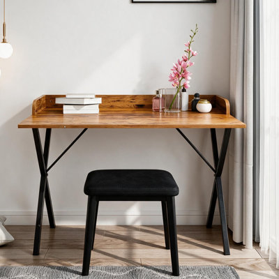 ndustrial Wood Metal Writing Desk with Back Guardrail, X Frame Computer Desk