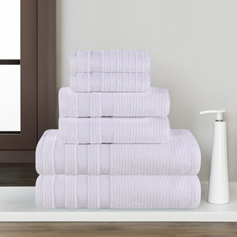Ilseruth Zero Twist Cotton Ribbed Modern Geometric Border Soft 6 Piece Bathroom Towel Set, White