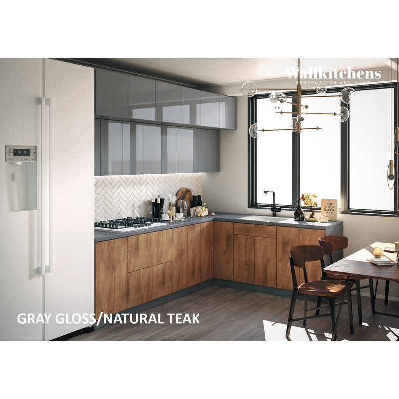 Cuisine complète moderne en bois de teck naturel et gris l 108 po x P 85 po x H 96 po WALLKITCHENS , Teck naturel / gris