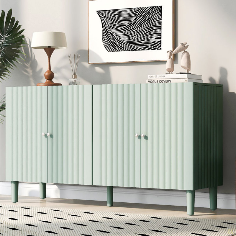 Elegant Four-Door Sideboard With Wavy Pattern Doors,Cylindrical Legs,And Sleek Metal Handles,Adjustable,Suitable For Study,Entryway And Living Room