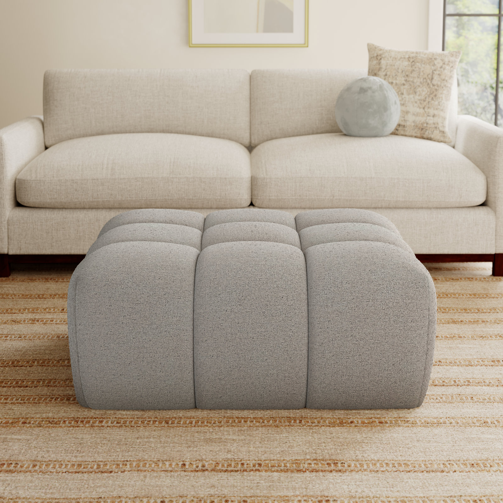 Haring Upholstered Ottoman, Gray Boucle