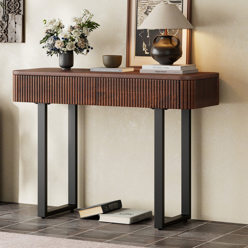 Solid Wood Entryway Table with Fluted Design, Retro Minimalist Console with Storage and Metal Legs, Honey