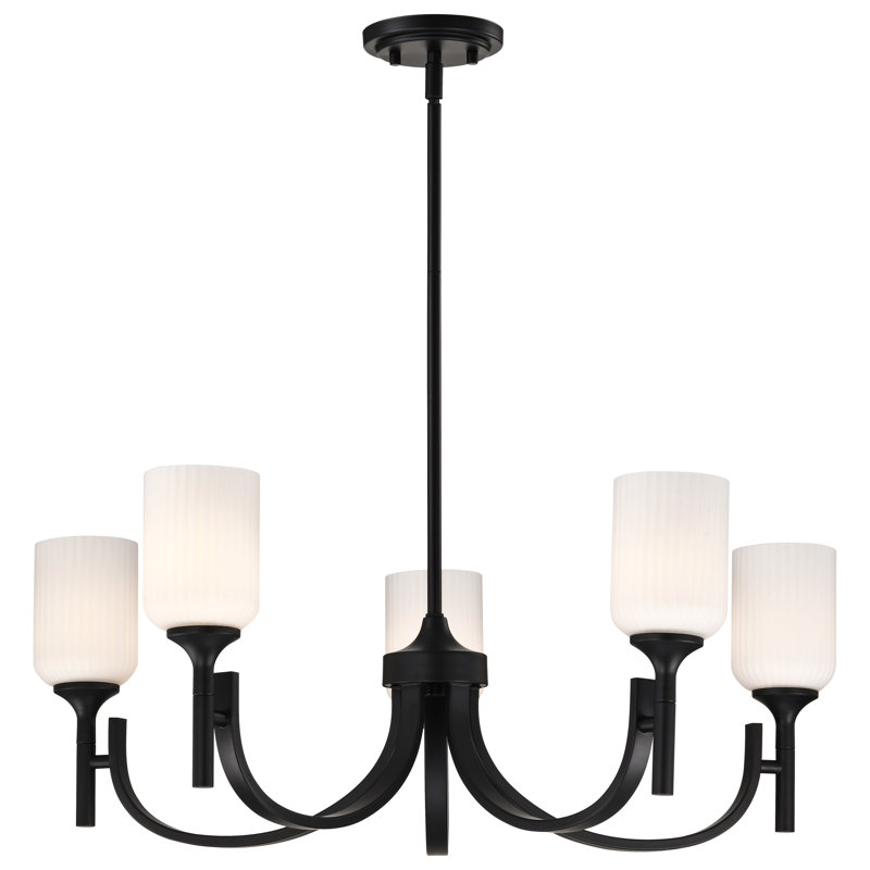 Solara - Chandelier - Frosted Ribbed Glass, 5 Lights, Matte Black, 11" H x 30" W x 30" D