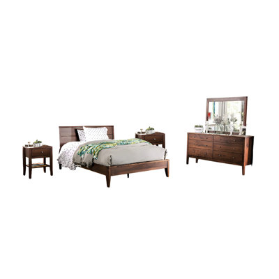 Ensemble de grand lit 5 pièces Finn, 2 tables de chevet, commode, miroir, brun foncé