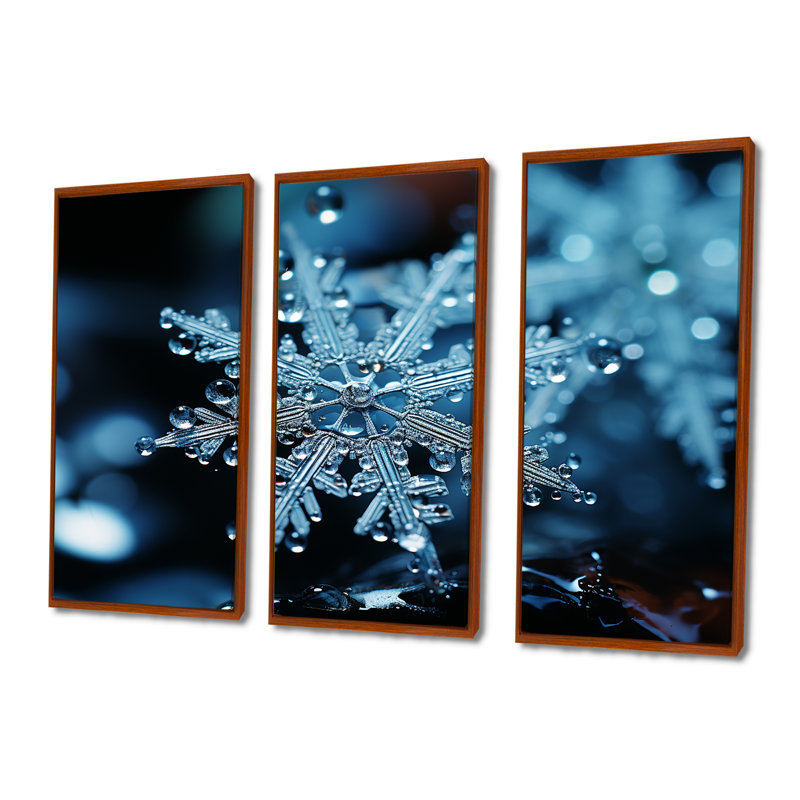 «Blue Snowflake Holiday III - Winter Landscape», art mural, H 32 po x l 48 po x P 1 po, Cadre flottant brun