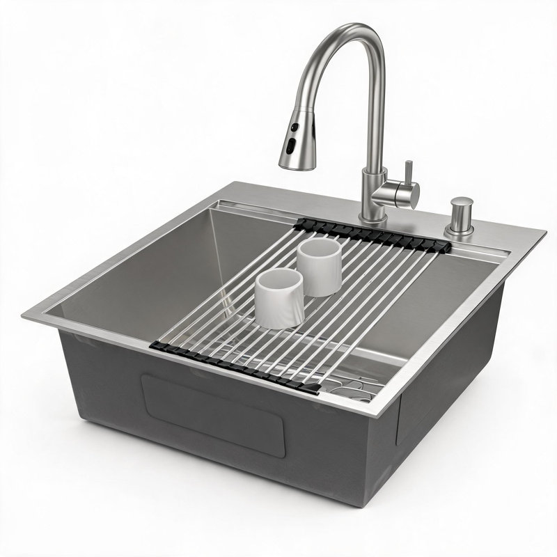 Évier utilitaire encastrable en acier inoxydable nickelé brossé de 63,5 cm x 55,9 cm (25 po x 22 po), avec cuve de 30,5 cm (12 po) de profondeur et robinet extractible
