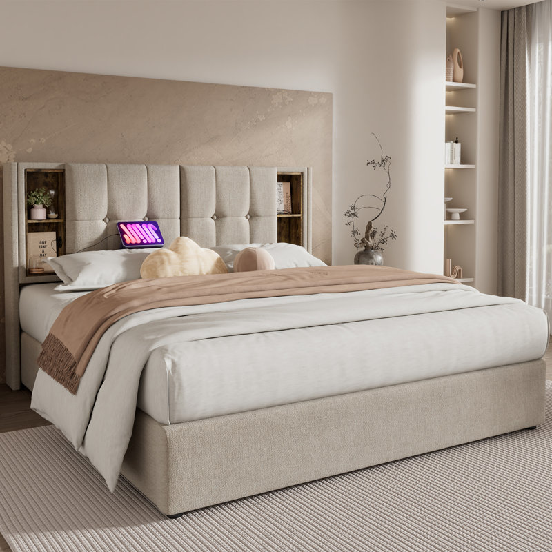Upholstered Ottoman Storage Bed, Natural, Super King (6')