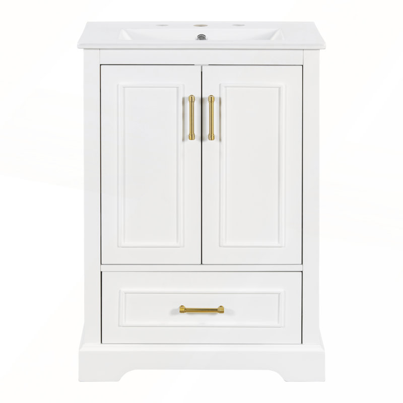 Meuble-lavabo moderne de 24 po avec lavabo en céramique, tiroir divisé et portes à fermeture en douceur, Blanc
