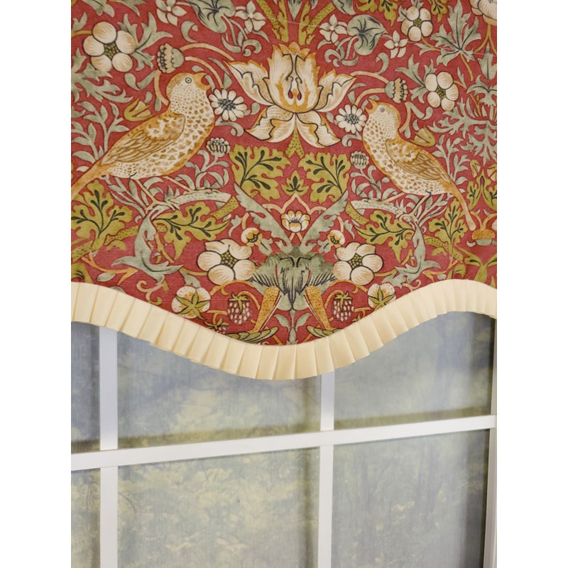 Red and Ivory Cotton Polyester Nature-Inspired Bird Motif Window Valance