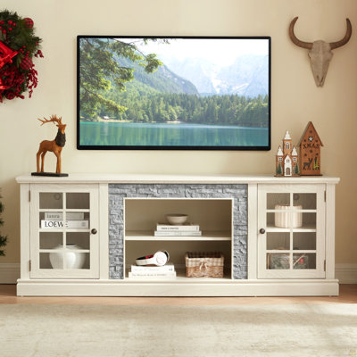 70" Modern TV Stand with 2-Door Storage, Faux Stone Media Console Cabinet, White Large Entertainment Center for Living Room