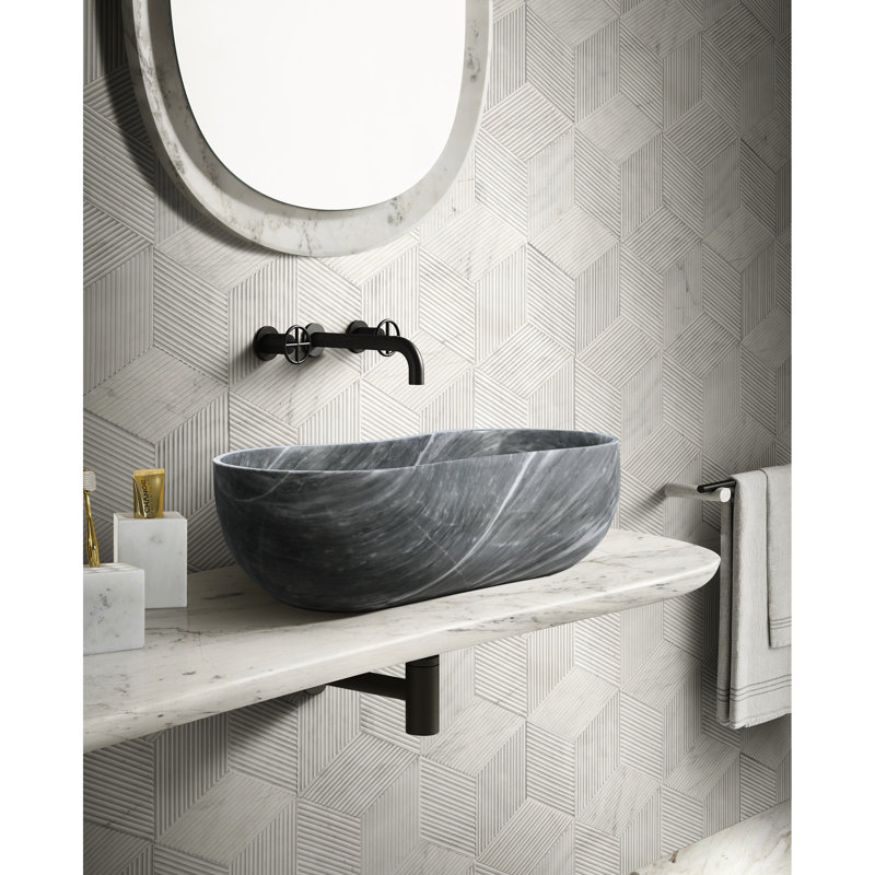 Lavabo de salle de bain en pierre naturelle grise, 600 x 360 x H 180 mm, silhouette ondulée, pré-percé pour l'installation, marbre spacieux de 23,6 pouces de profondeur, 7,1 de haut, distinctif facile à nettoyer