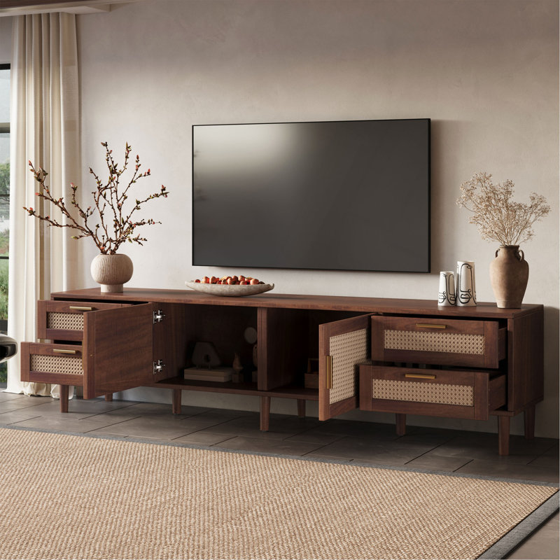 Meuble télé 78 po pour téléviseur de 85 po ou moins, console multimédia avec 4 tiroirs, pieds en bois massif, charnières à fermeture douce, pour salon, meuble audio-vidéo moderne