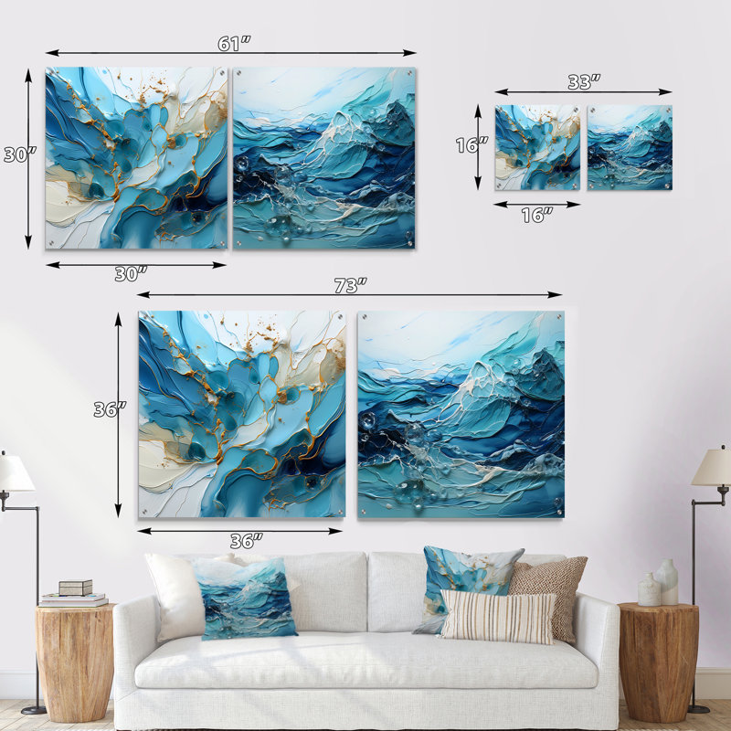 «Blue and White Glacier Charm», ensemble de 2 peintures murales abstraites en acrylique, H 16 po x l 33 po