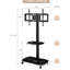 Support pour téléviseur à hauteur réglable, compatible avec les téléviseurs de 32 à 65 pouces, tablettes en verre trempé, structure en métal, roulettes verrouillables, support pour téléviseur peu encombrant et angle, style