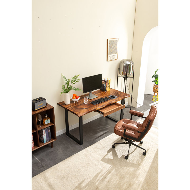  Live Edge Desk with U Shaped Legs and South American Walnut, with Keyboard Storage, 29.5" H x 34" W x 20" D