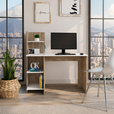 White and Pine 4-Shelf Writing Desk