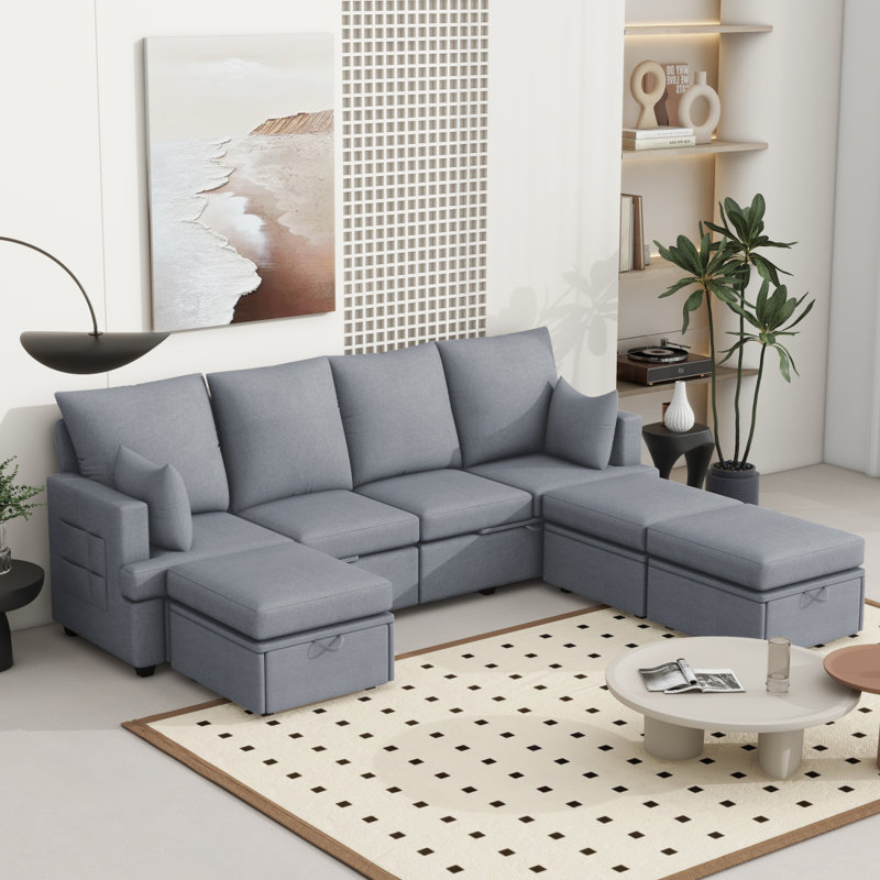Canapé modulaire moderne en U, canapé modulaire en chenile 7 places avec 2 coussins inclus et mobilier modulable librement