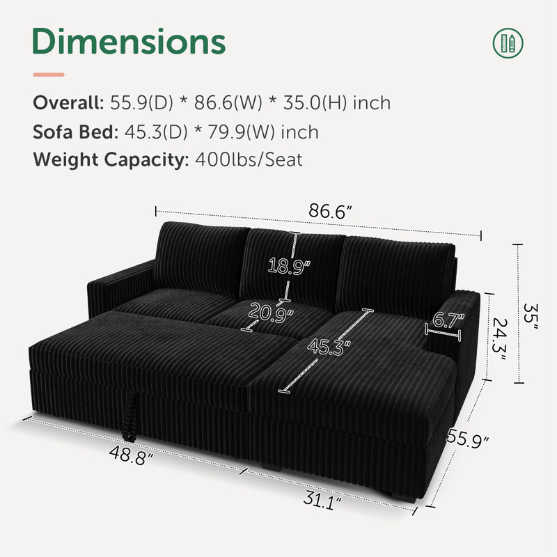Rundey L Shaped Corduroy Sleeper Upholstered Sectional Sofa Couch, Black Corduroy 