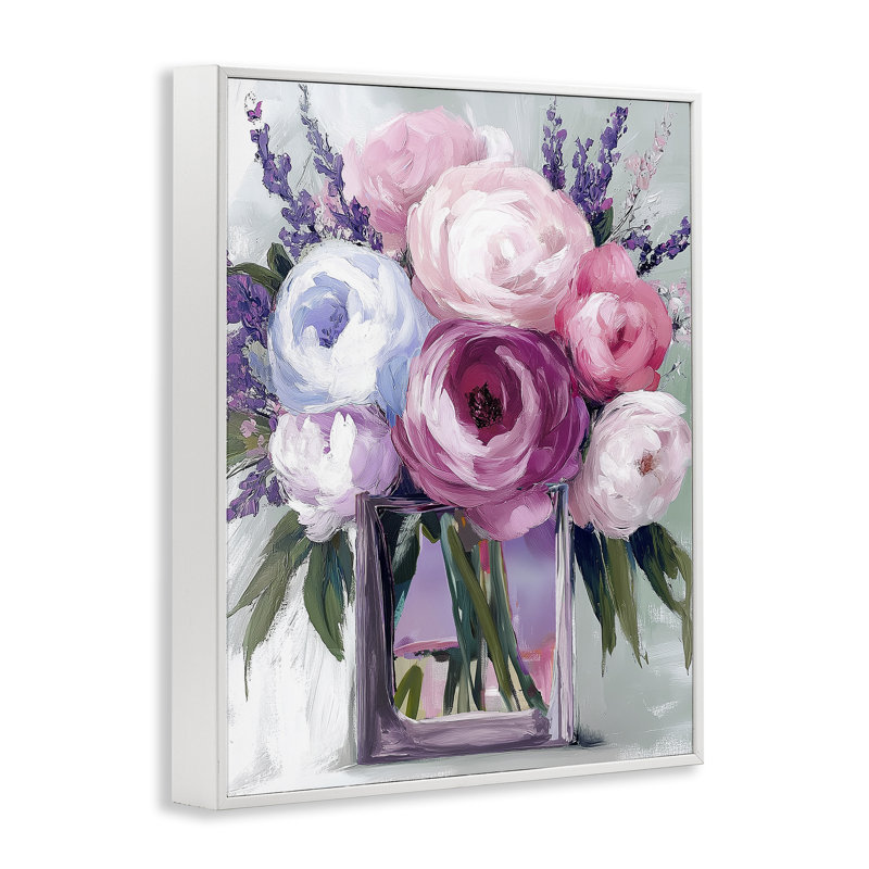 Roses et pivoines, estampe numérique, design par Annabelle Hall, H 14 po x l 11 po, Giclée encadrée blanc bord de mer