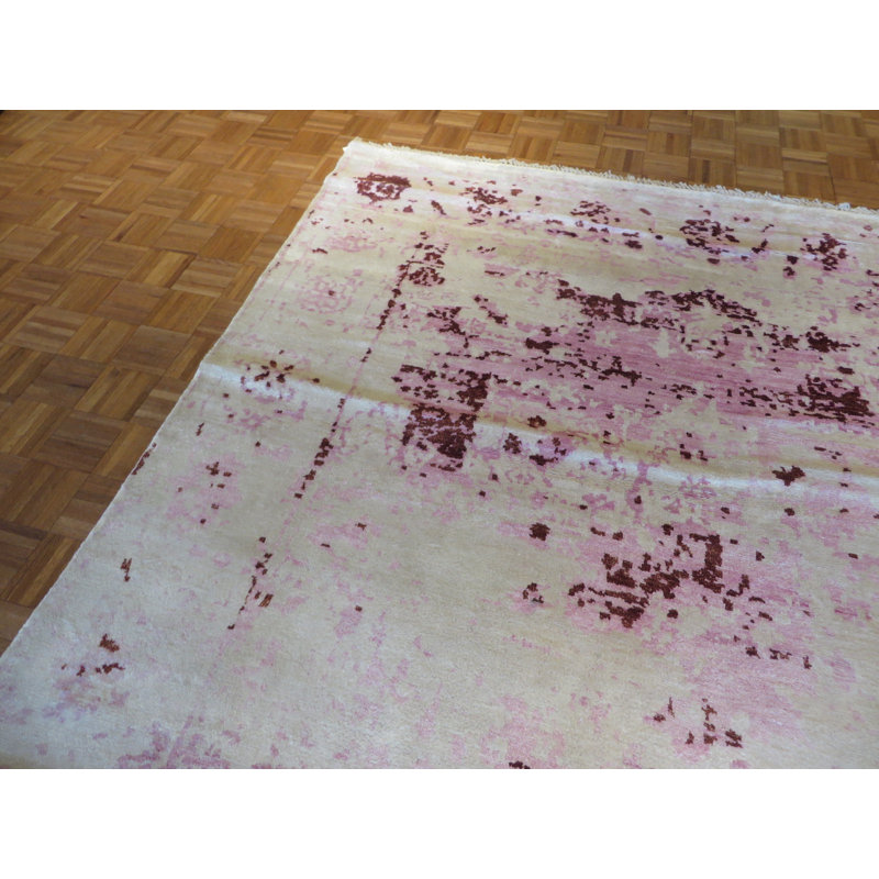 Tapis unique en laine noué à la main mauve / ivoire 7 pi 11 po x 10 pi Mahmood