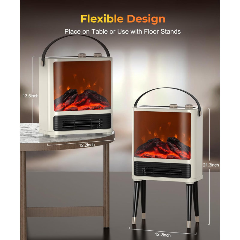13" Compact Portable Electric Fireplace Heater – 3D Flame 1500W Retro Desktop Heater with Carry Handle