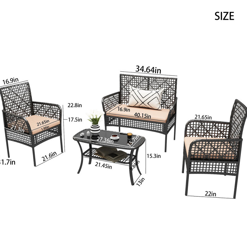 Ensemble de 4 pièces pour la piscine, avec coussins moelleux et table en verre trempé, Beige