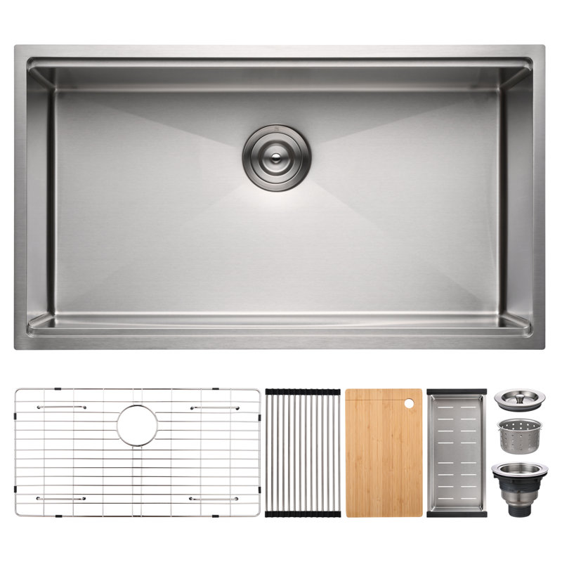36"L × 19"W Workstation Undermount Stainless Steel Kitchen Sink with Accessories, Brushed Nickel