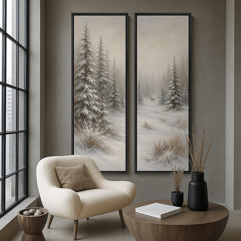 «Snowy Evergreen Forest Landscape with Deer and Misty Winter Scenery», art mural pour salon, chambre à coucher, chalet, bureau, entrée, couloir - ensemble de 2 reproductions d'art encadrées sur toile 60 po x 20 po x 2