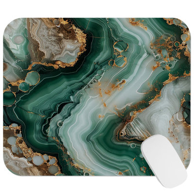Abstract Emerald Green & Gold Geode Marble Crystals IV Modern Gaming Cute Office Laptop Desk Pad Gift Mat Square Rectangle Non-Slip Mousepad