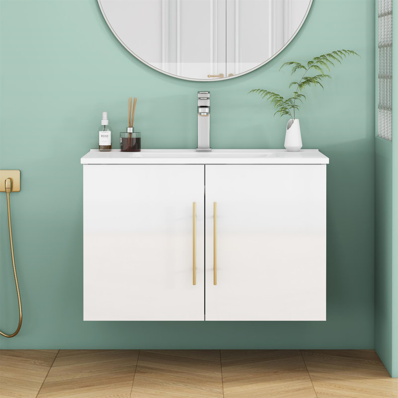 Ensemble de meuble-lavabo mural blanc brillant 30 po avec lavabo, Blanc lustré