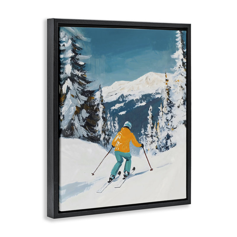 Skieur descendant sur cadre flottant en montagne, design par The Prints Vibe, 31 x 25, Jet Black Floater Framed