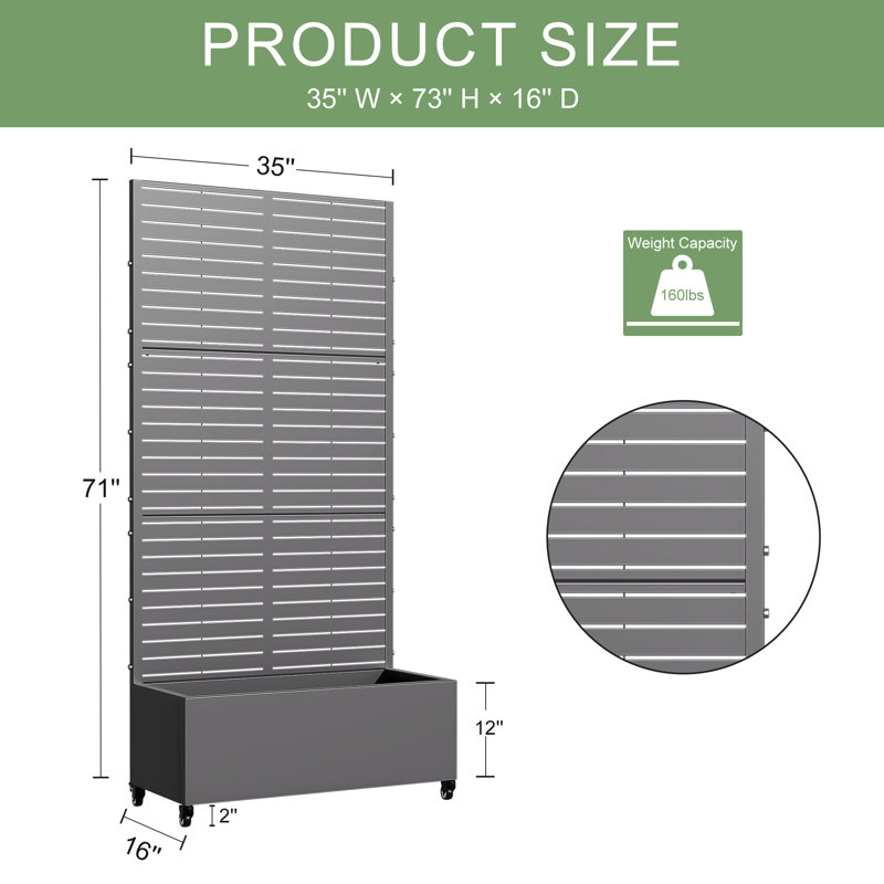 Metal Planter Box with Trellis with Wheels, 72" H x 35" W x 16" D, Gray