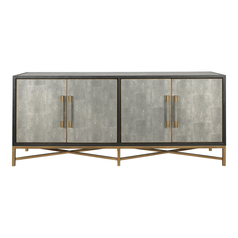 Buffet, structure en bois massif, cuir végétalien, gris