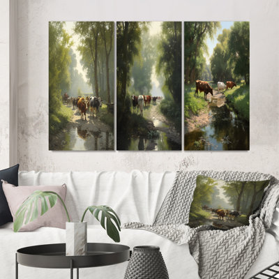 " Cattle Cows Walking Near A Pond Rural Scene " 3 - Pieces