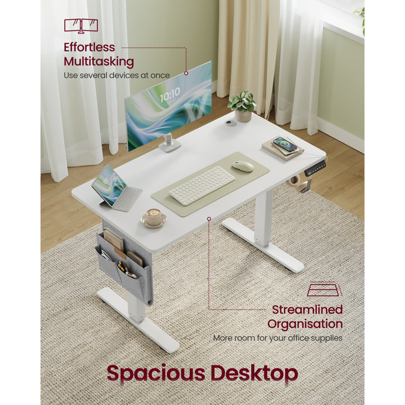 Adjustable Height Steel Standing Desk with Built-In Electrical Outlet, White