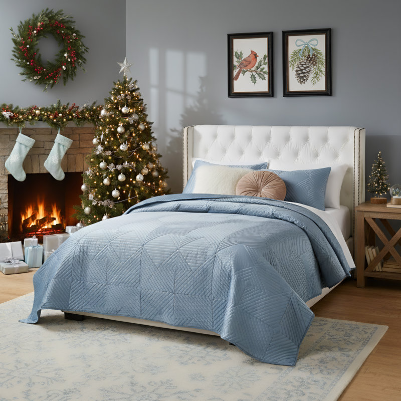 Bann Riviera Velvet Reversible Quilt Set, Twin Quilt + 1 Standard Sham, Spa Blue Geometric Shapes