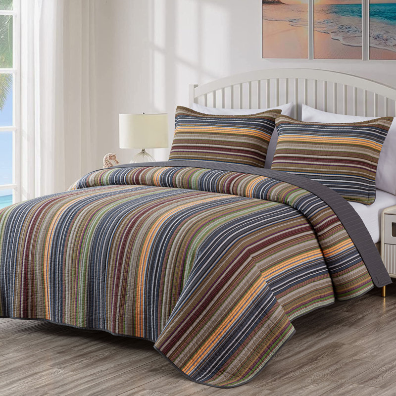 Queen Size Multi-Color Cotton Striped Reversible Quilt Set