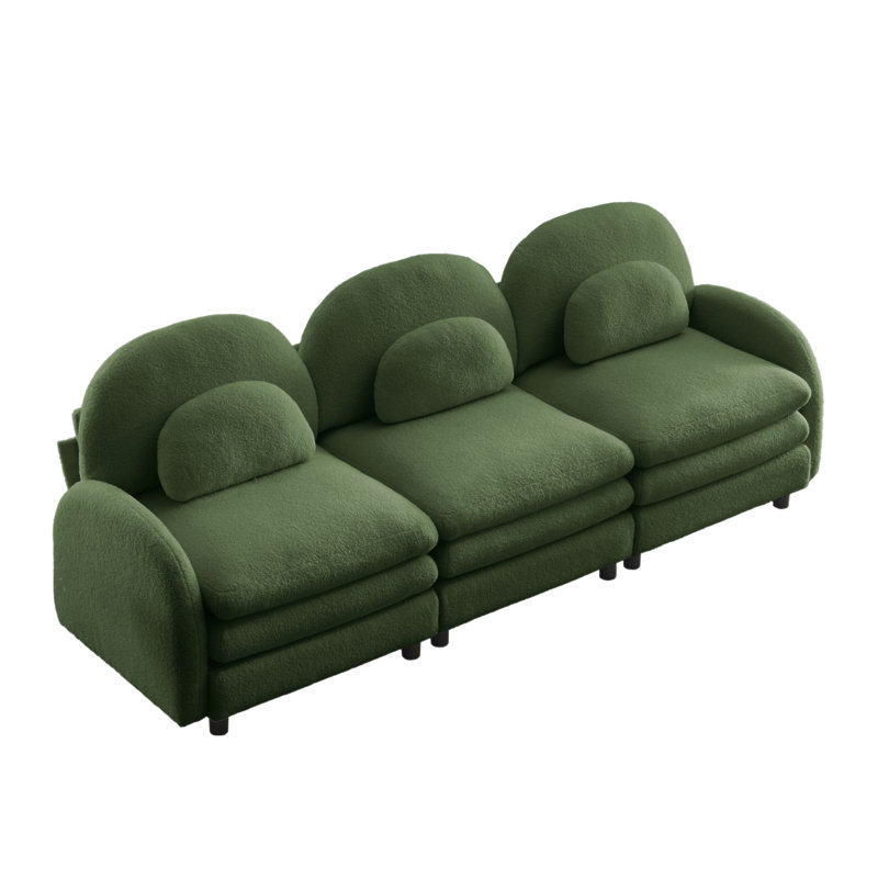 Canapé Teddy en tissu doux à 3 places, dossier incurvé et accoudoirs avec coussins lombaires incurvés, canapé modulaire à 3 places avec coussin de soutien