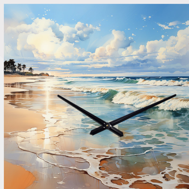 Beach Photo Seaside Reflections V - Horloge murale en forme de plage unique en métal, imprimé horloge asymétrique bleu sarcelle